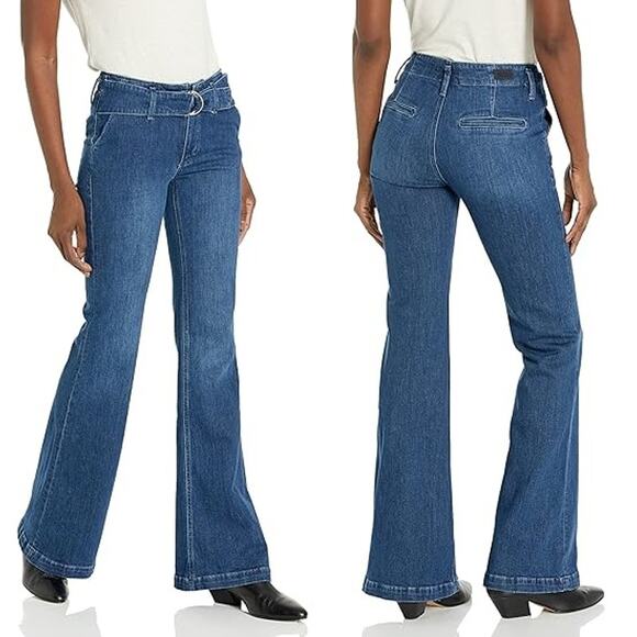 PAIGE Genevieve Jeans Women 27 High Rise Flare Belted Medium Indigo Cecilia - Picture 6 of 16